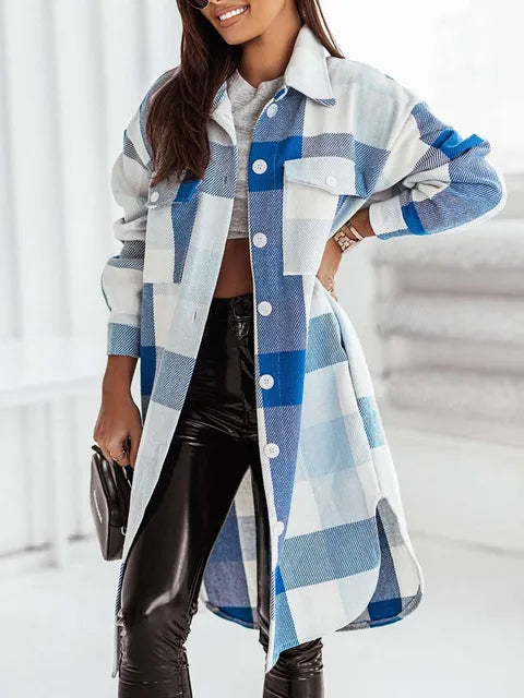 Long Plaid Jackets Coat Women Winter Thick Long Coats Jacket