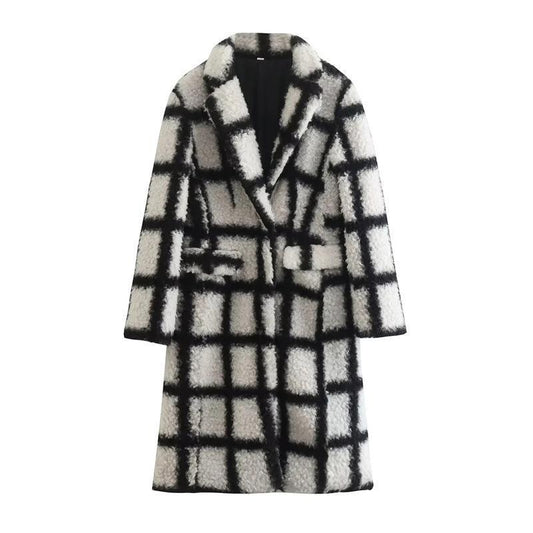 Fashion women's cocoon shaped lapel long coat black and white checkered plush coat for women