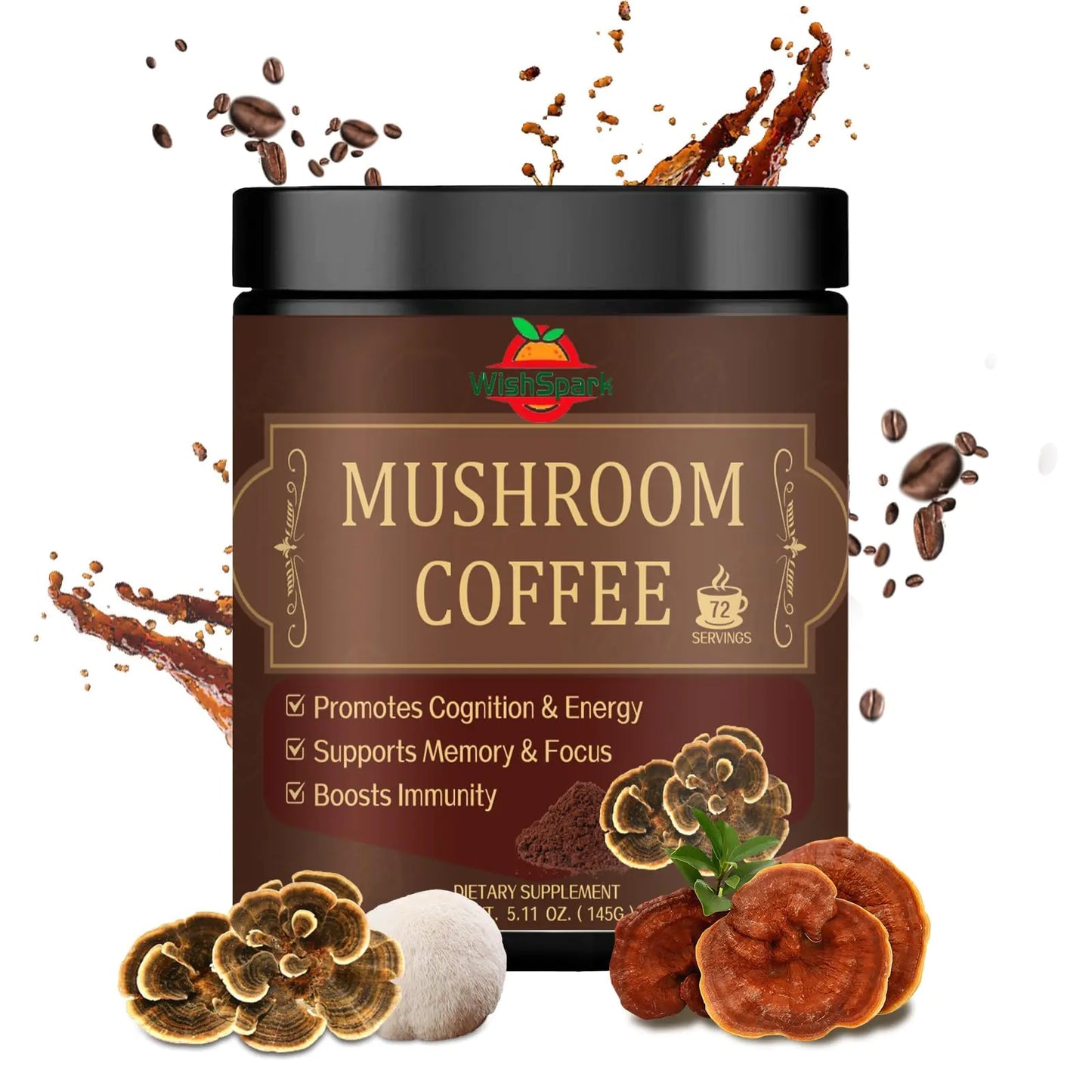 WISHSPARK Mushroom Coffee - Organic Instant Coffee Powder with Lions Mane Mushroom Reishi Cordyceps Chaga &Turkey Tail -Coffee Alternative for Gut HealthImmunity&Brain Boost- 5.11 oz